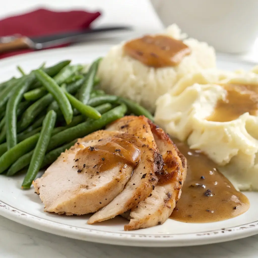 Close-up of a comforting dinner plate with roasted chicken, mashed potatoes and gravy, and green beans on a white background, styled for a dinner category thumbnail.