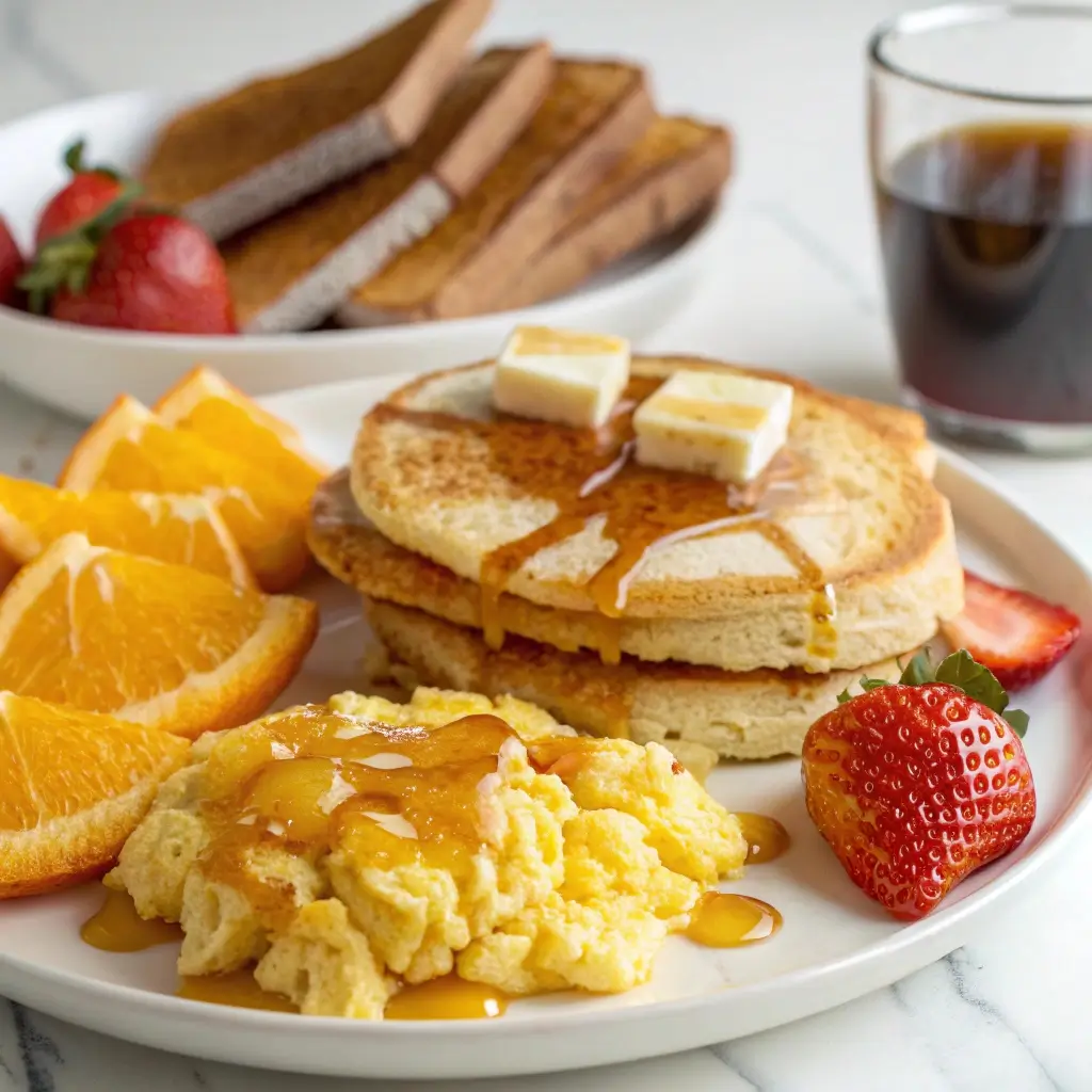 Close-up of a homemade breakfast plate with scrambled eggs, pancakes with syrup, toast, and fruit slices, styled for a breakfast category thumbnail.


